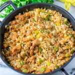 View of the ready Dirty Rice in a cooking pan.