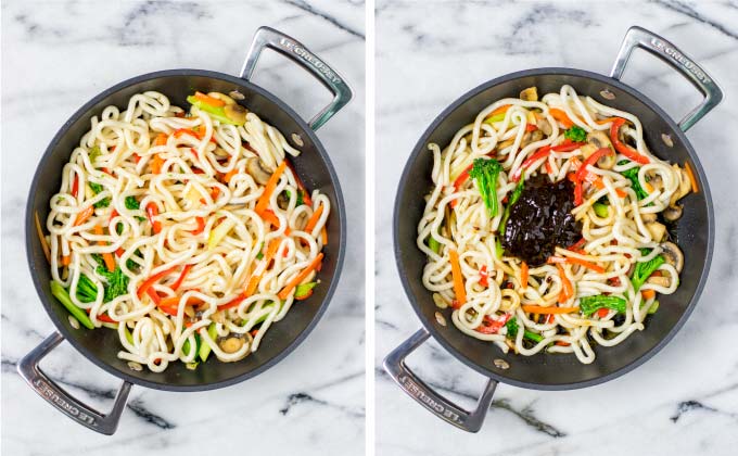 Precooked noodles are then added to the vegetables.