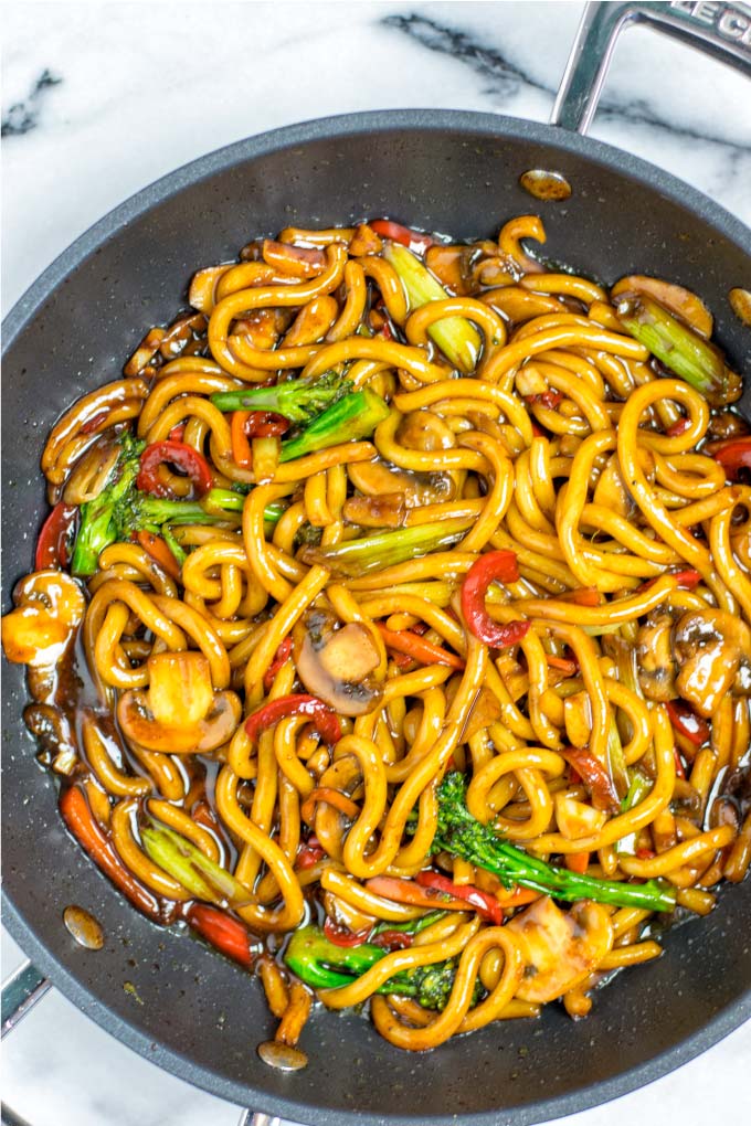 Top view of the ready meal in a sauce pan.