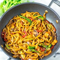 Drunken Noodles in a pan, ready for the family.