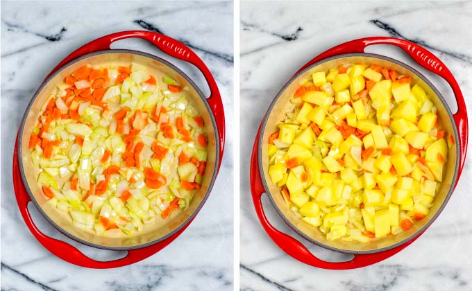 First steps shown include frying of onions, carrots, and potato cubes.