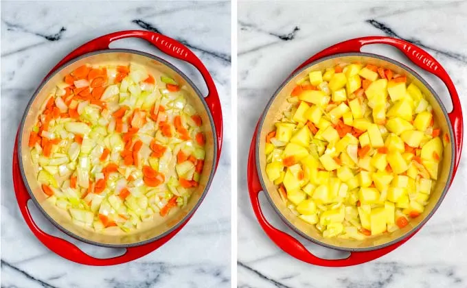 First steps shown include frying of onions, carrots, and potato cubes.