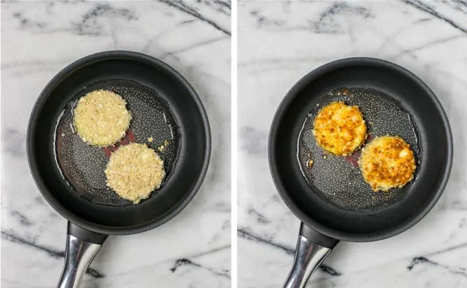 Frying the eggplant slices in some oil.