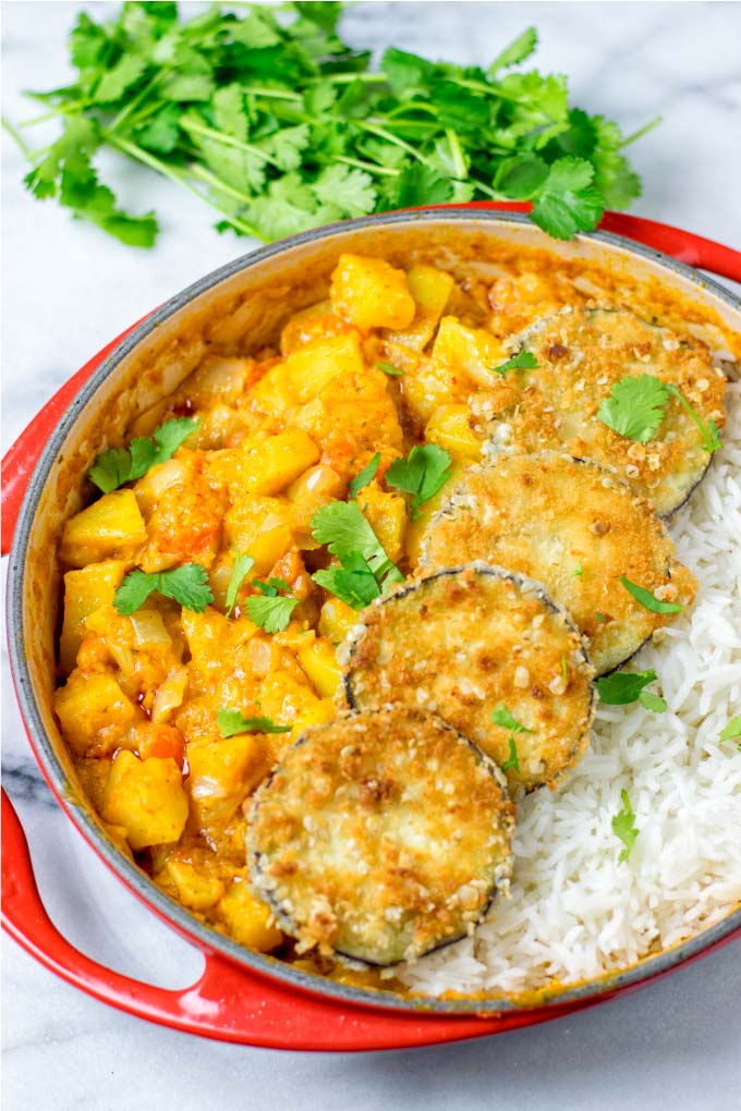 View on the ready Katsu Curry, decorated with some cilantro.