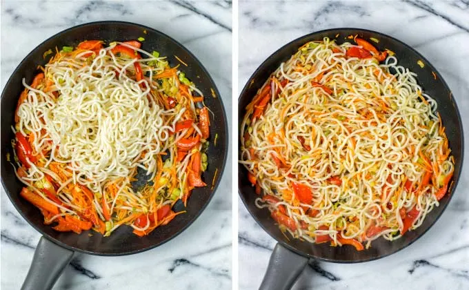Adding leftover noodles to the pan and frying some more.