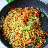 Top view of the Pan Fried Noodles in a large pan.