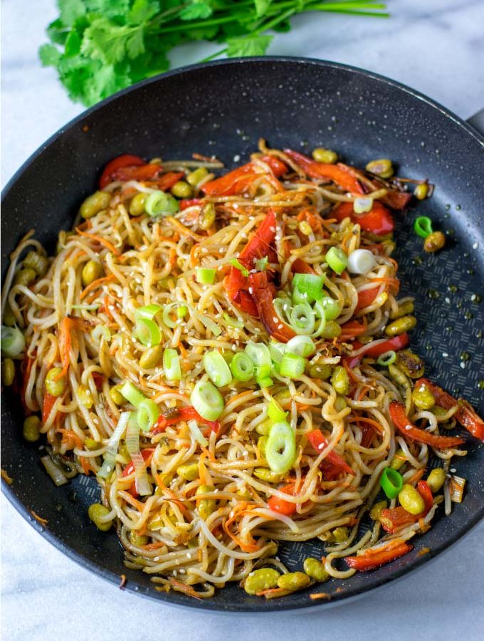 Top view of the Pan Fried Noodles in a large pan.