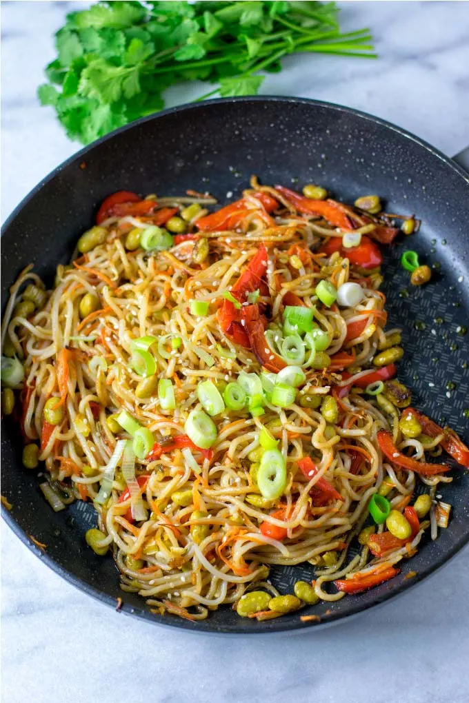 Top view of the Pan Fried Noodles in a large pan.