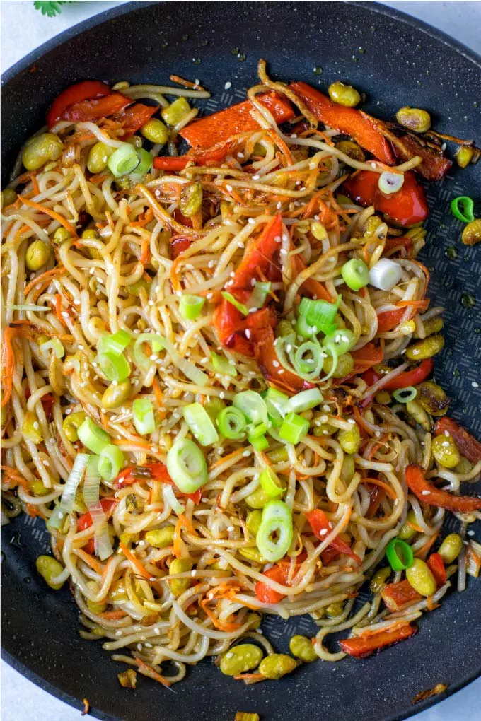 Closeup view of the ready dish, decorated with scallions.