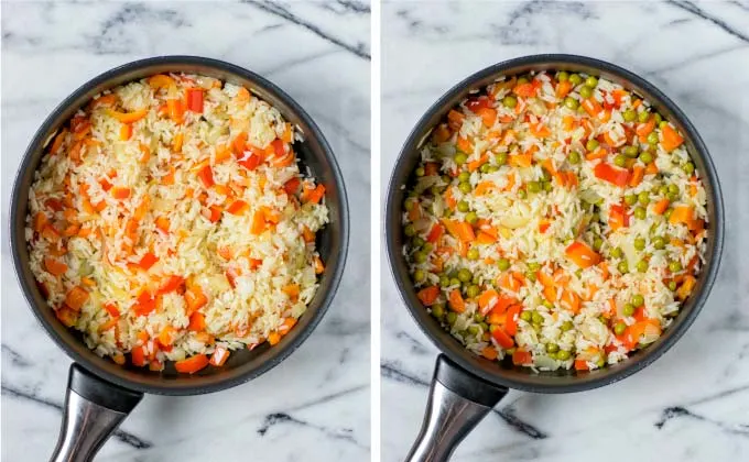 Combining the vegetables with leftover rice and a stir fry sauce.