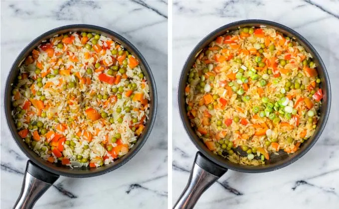 Decorating this Veggie Fried Rice with scallions gives the dish an extra spicy crunch.