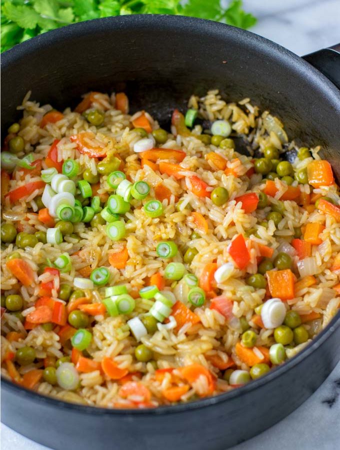 View of the Veggie Fried Rice in one large pan.