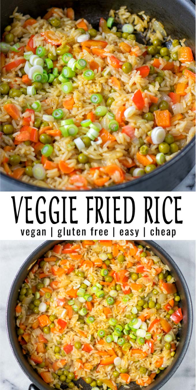 Simple and cheap: this Veggie Fried Rice uses leftover rice which makes it so easy to prepare. All comes together in under 10 minutes and the whole family will love it. #vegan #dairyfree #vegetarian #glutenfree #budgetmeals #contentednesscooking #dinner #lunch #mealprep #veggiefriedrice