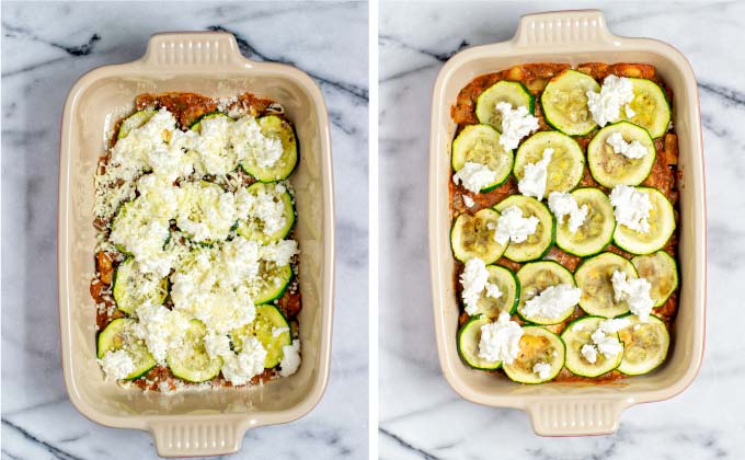 Layering zucchini, marinara, and vegan ricotta.