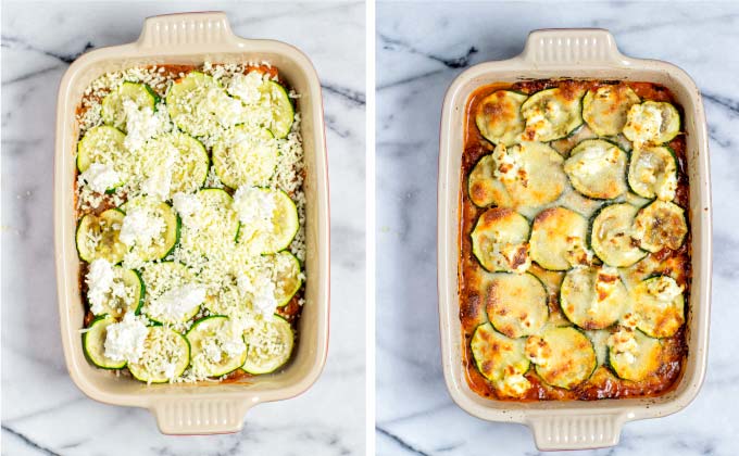 A good portion of vegan cheese on top and after baking you have a stunning Zucchini Lasagna.