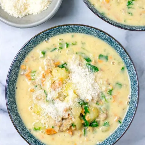 Some fresh vegan Parmesan is an amazing garnish for this Zuppa Toscana.