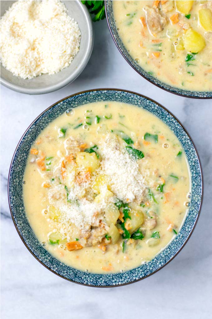 Some fresh vegan Parmesan is an amazing garnish for this Zuppa Toscana.