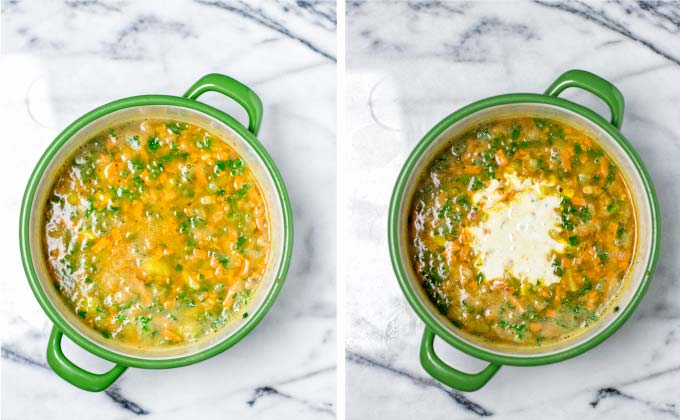 Finally, vegan cream completes this Zuppa Toscana.