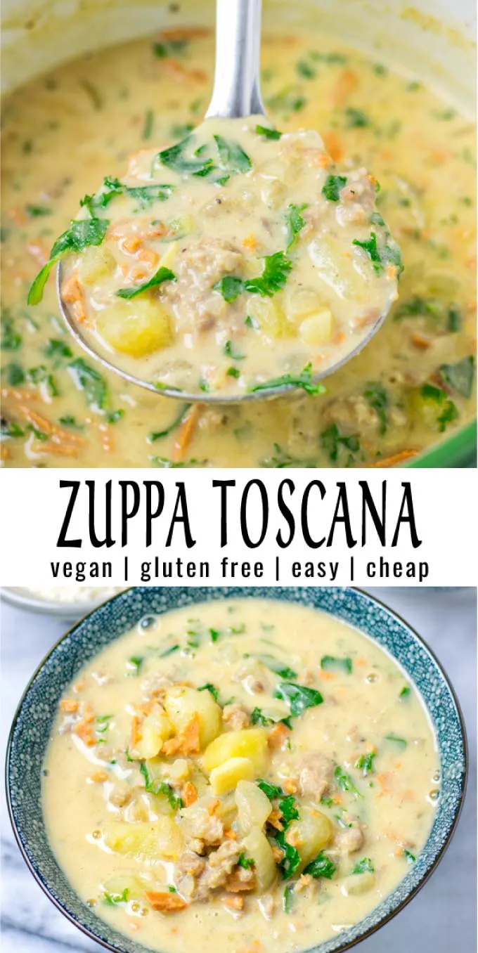 Seriously the best: this Zuppa Toscana is easy to make, filling, creamy, satisfying and budget friendly. No one would ever believe and taste it is entirely vegan. A keeper that the whole family will eat on repeat. #vegan #dairyfree #vegetarian #glutenfree #dinner #lunch #mealprep #lunch #contentednesscooking #zuppatoscana