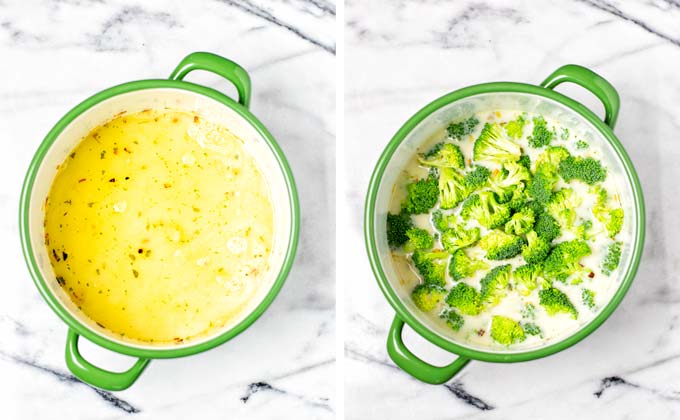 Step 2: Putting the broccoli with the milk into the pot.