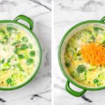 Finally shredded vegan cheese is mixed into the soup.