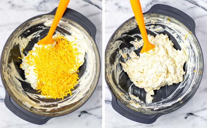 Mixing vegan cheddar shreds into the dip.