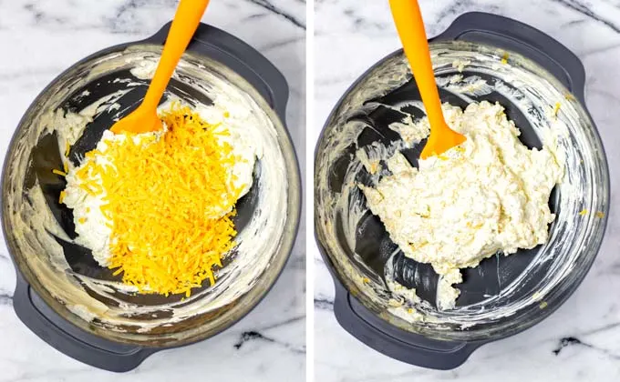 Mixing vegan cheddar shreds into the dip.