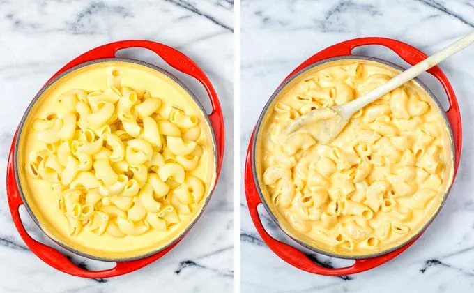 Final step: Mix cheese sauce with pasta.