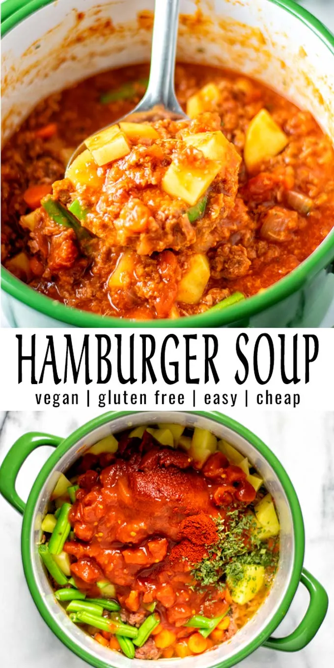 Filling and satisfying, this Hamburger Soup is made with simple ingredients and will always hit the spot. Everyone will love it, and you have a keeper that the whole family can count on. #vegan #dairyfree #vegetarian #glutenfree #dinner #lunch #mealprep #contentednesscooking #hamburgersoup