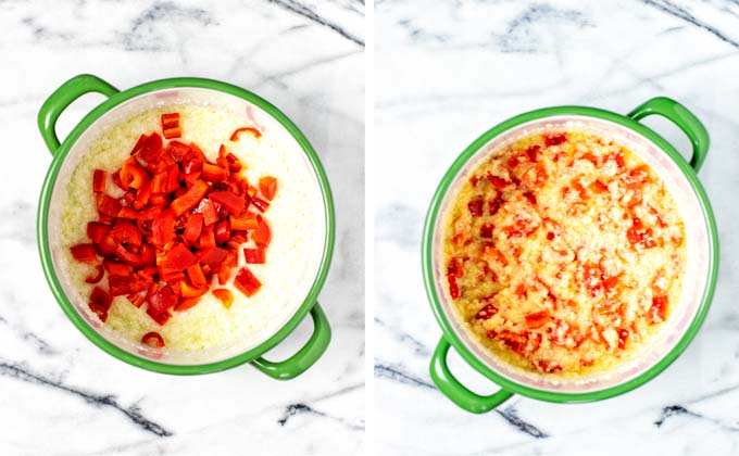 Roasting onion paste and red bell pepper cubes.