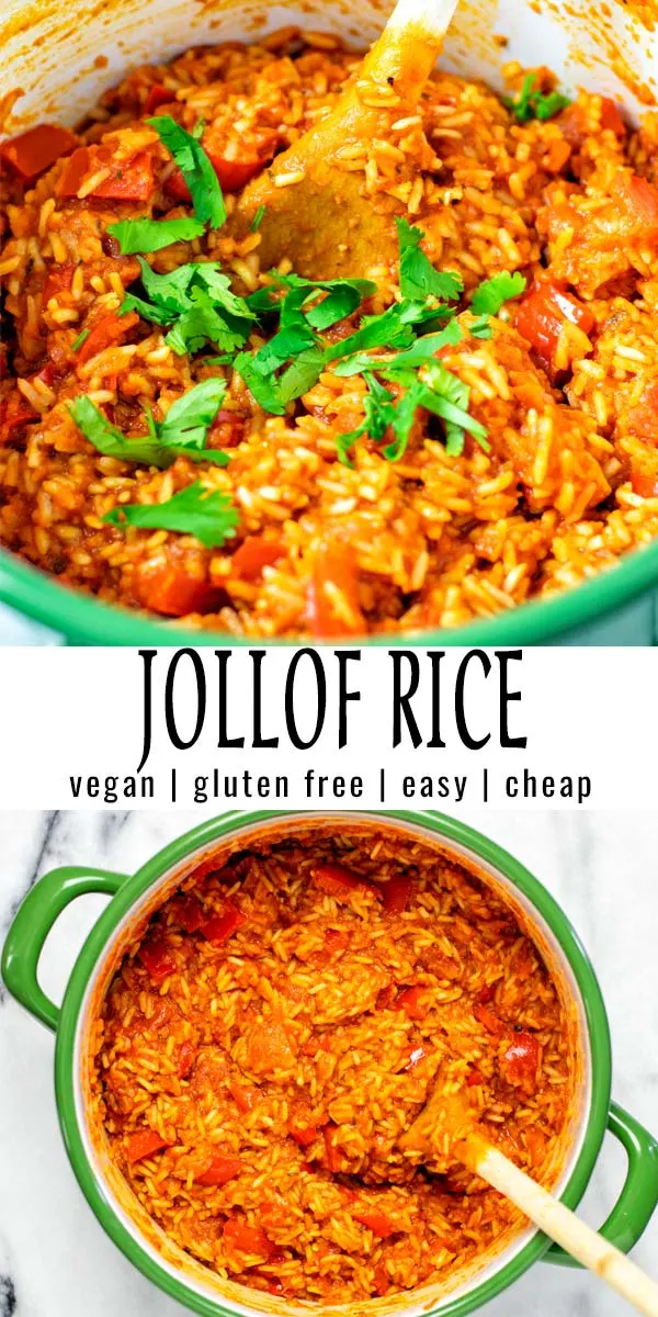 Easy and packed with amazing flavors: this Jollof Rice is budget friendly and so easy to prepare. The whole family will love for lunch, dinner, meal prep. So versatile and naturally vegan. #vegan #dairyfree #vegetatarian #glutenfree #dinner #lunch #mealprep #contentednesscookiing #jollofrice