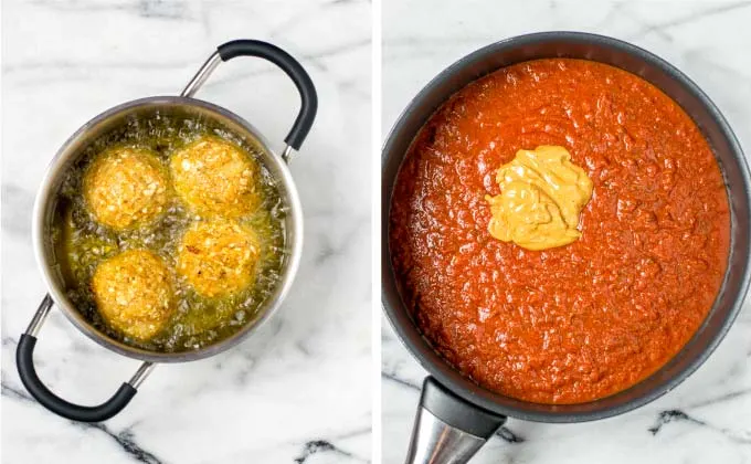 Preparing the creamy tomato sauce.