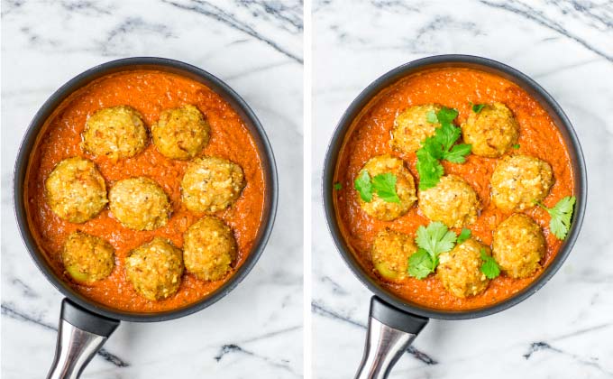 Adding the fried Kofta balls back to the sauce.