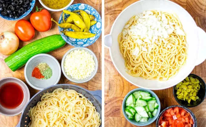 Main ingredients of this easy cold Spaghetti Salad.