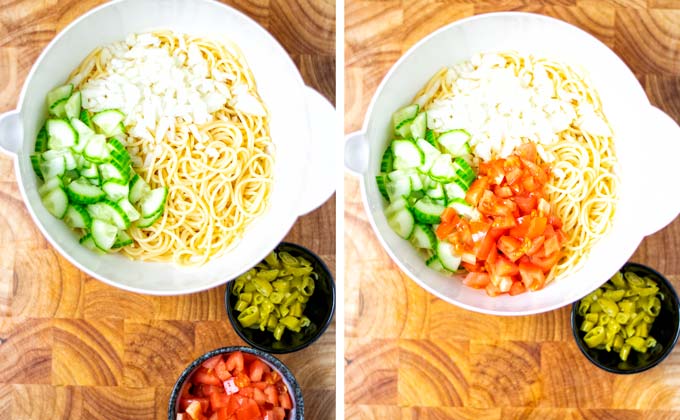 Mixinf vegetables with the precooked pasta in a large bowl.