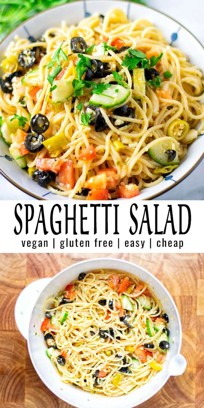 Full of flavor and so easy to make: this Spaghetti Salad is a keeper, ready in 10 minutes, which the whole family will love in no time. #vegan #dairyfree #glutenfree #vegetarian #contentednesscooking #dinner #lunch #mealprep #spaghettisalad #italianpastasalad