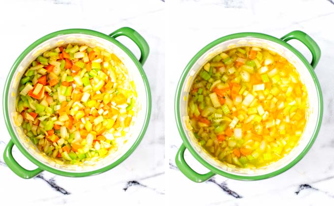 Step 1: Sauteing onions, carrots, garlic, celery.