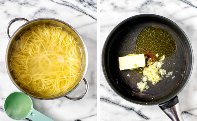 Step 1: Cooking the pasta and frying garlic.