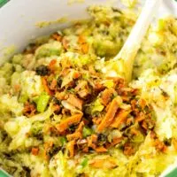 Closeup view of the bacon and cabbage topping.