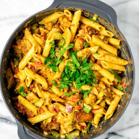 Top view on the Cold Pasta Salad in a large grey bowl.