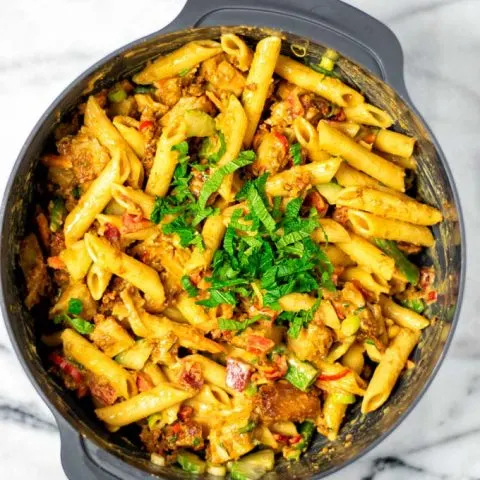 Top view on the Cold Pasta Salad in a large grey bowl.