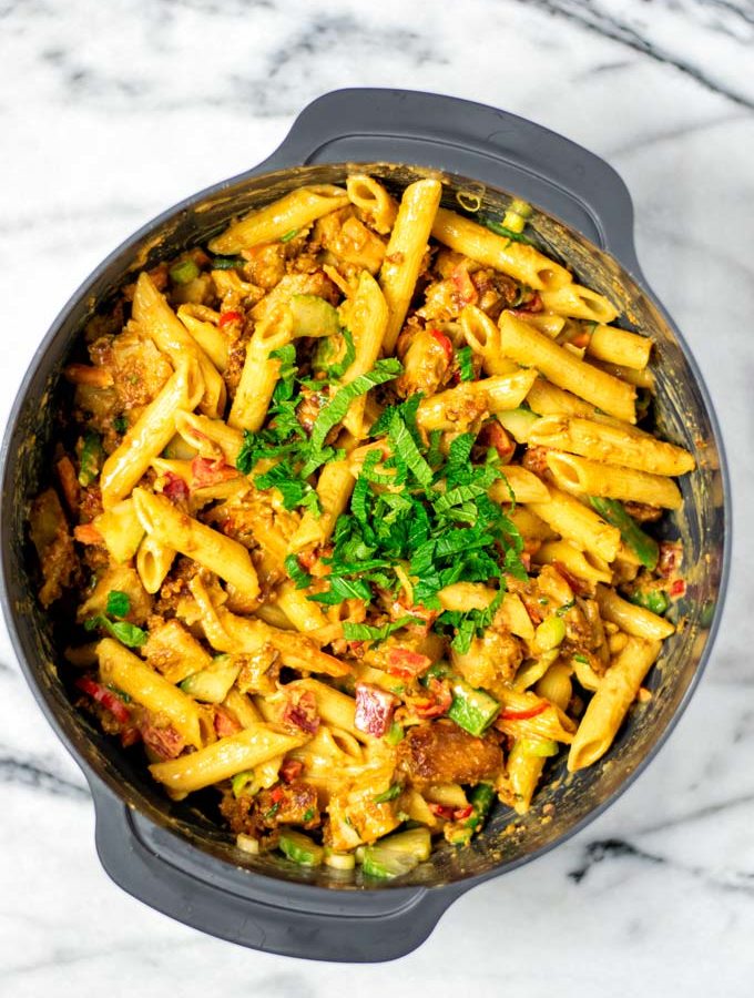 Top view on the Cold Pasta Salad in a large grey bowl.