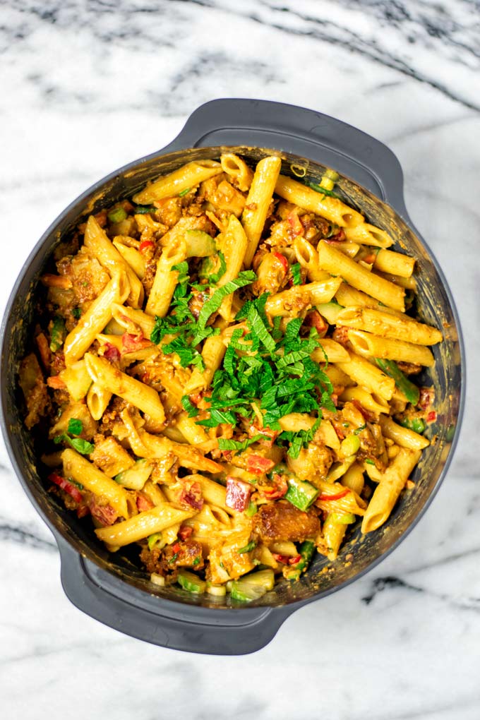 Top view on the Cold Pasta Salad in a large grey bowl.