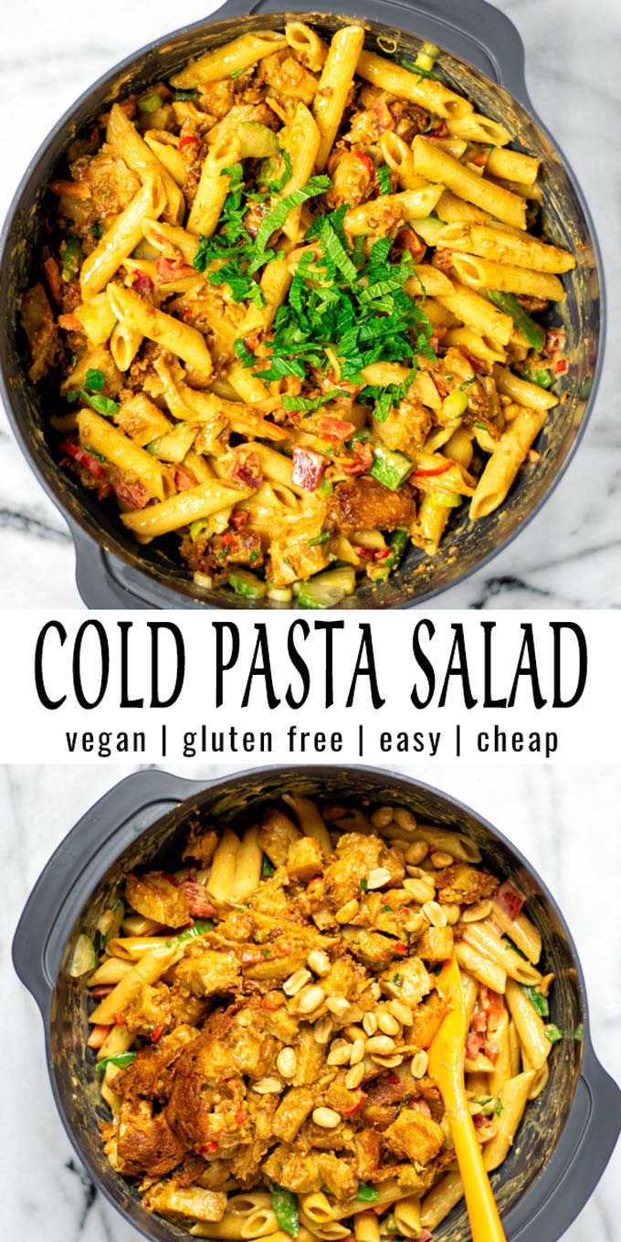 This Cold Pasta Salad is easy, satisfying and great for meal prep. A winner that the whole family will love even pickiest kids. No one would ever tell it is vegan. #vegan #dairyfree #glutenfree #vegetarian #dinner #lunch #mealprep #contentednesscooking #coldpastasalad #pastasalad