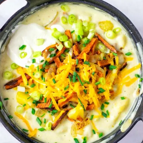 Top view on the Loaded Potato Soup when done, ready to be served.