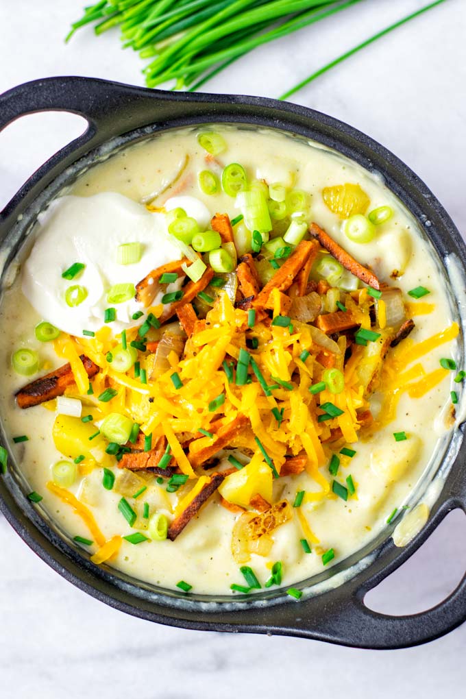 Top view on the Loaded Potato Soup when done, ready to be served.