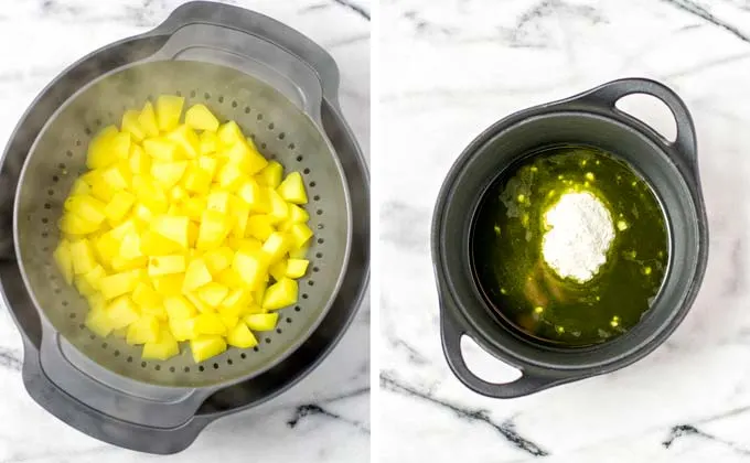 Step 1: Cooking the potato cubes until just tender.