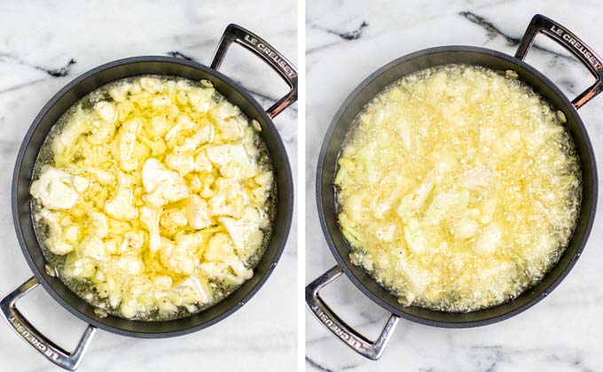 Step 1: Deep-frying the cauliflower in oil.