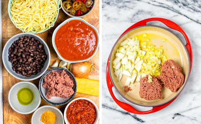 Ingredients needed to make these vegan Taco Spaghetti.