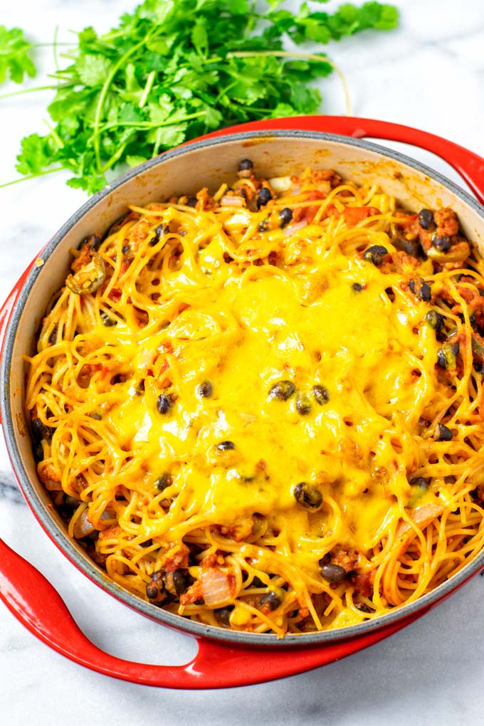 Casserole of the Taco Spaghetti after baking in the oven.